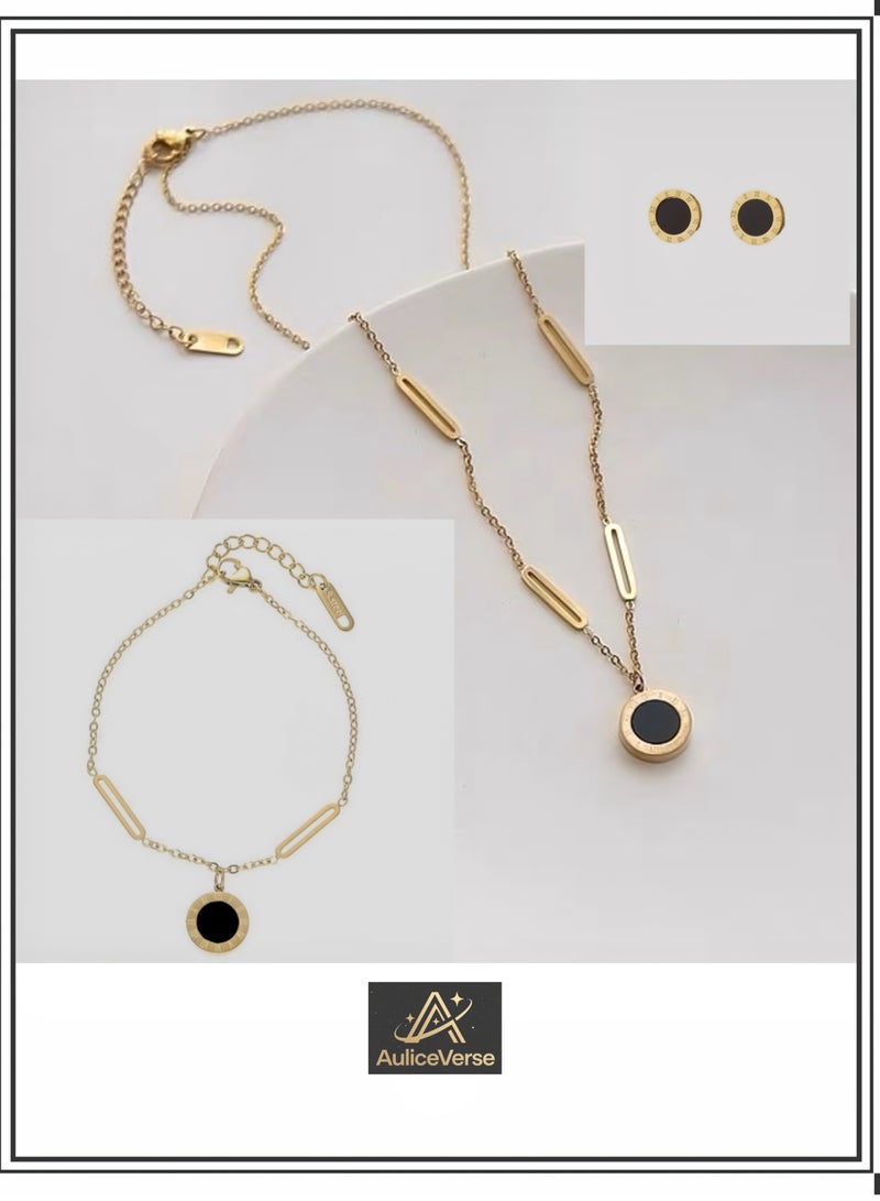 أوليس فيرس  مجموعة قلادة الأرقام الرومانية المحظوظة إكسسوارات تيتانيوم بلمسات سوداء وبيضاء سلسلة سوار أقراط للنساء ثلاثية أنيقة من المجوهرات - Image 1